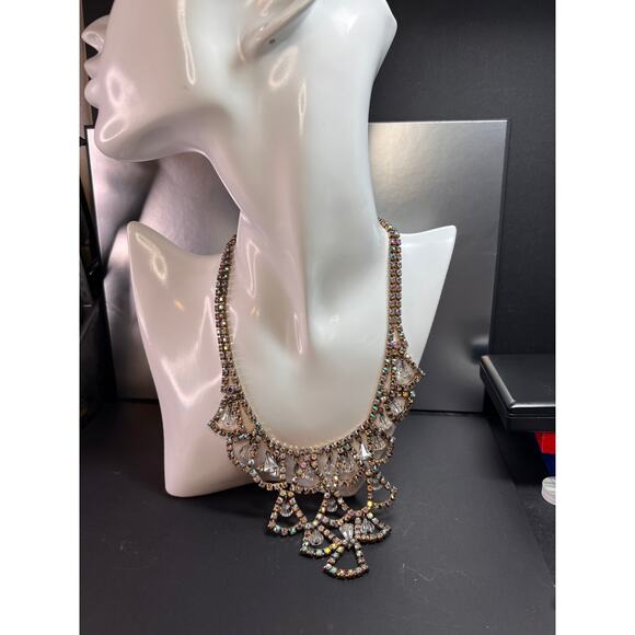 Vintage AB Rhinestone Bib Necklace Clear Glass Dangles Gold Tone - Picture 4 of 12